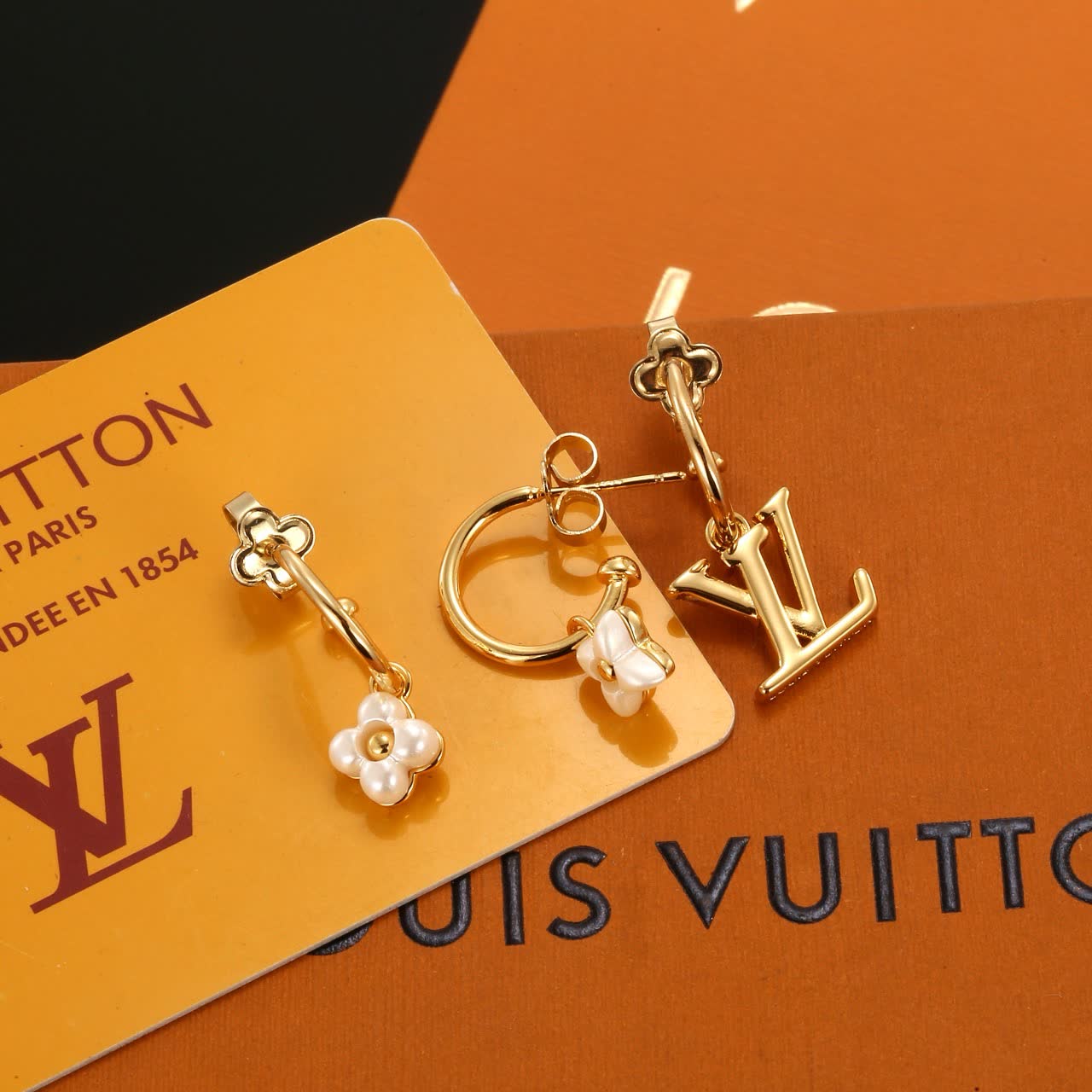 Louis Vuitton Gold Tone Logo & Pearl Flower Hoop Earrings